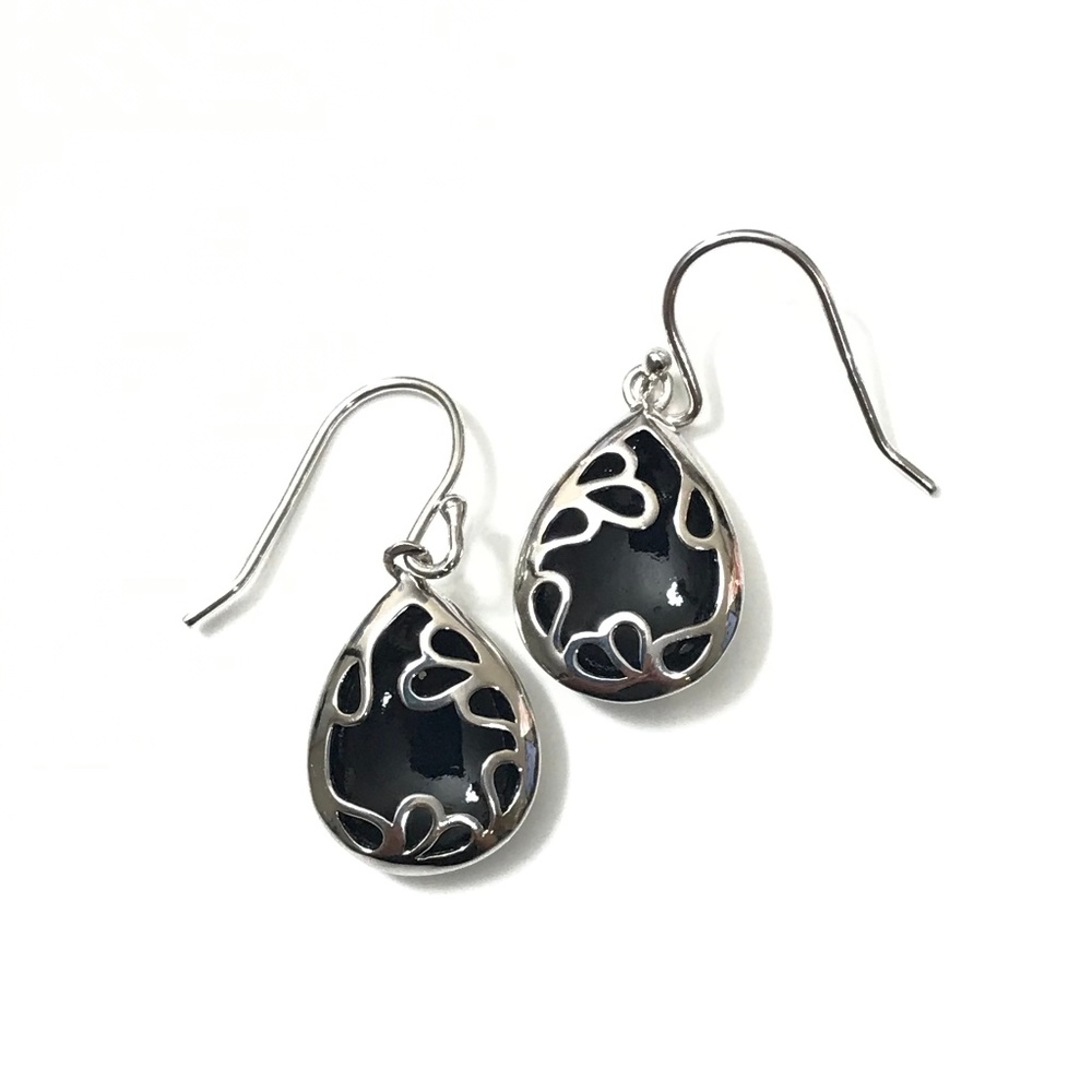 Set of 3:  Black Teardrop Sterling Silver Earrings